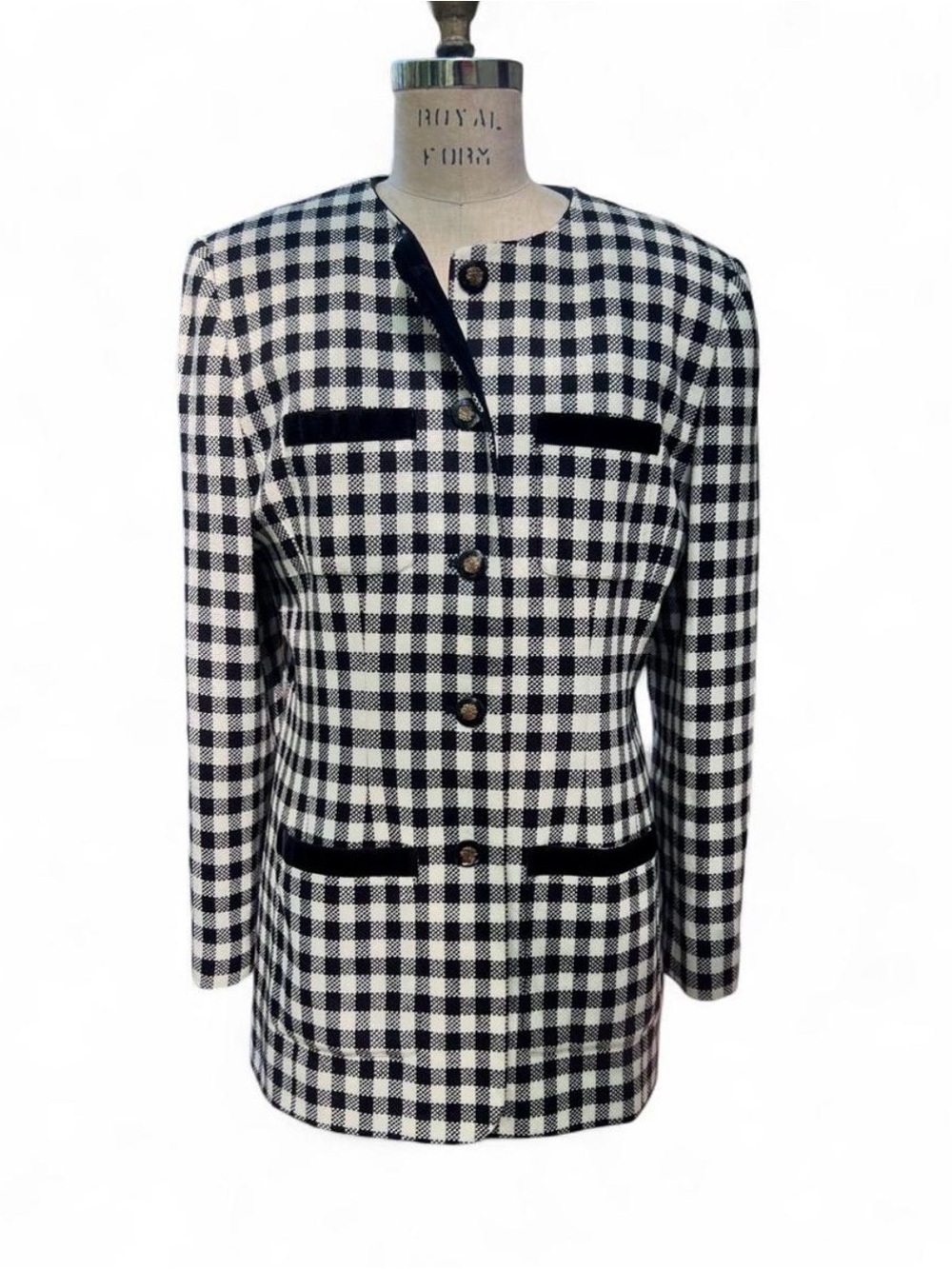 Vintage Liz Claiborne Wool Check Blazer Velvet Trim Size 12 M L